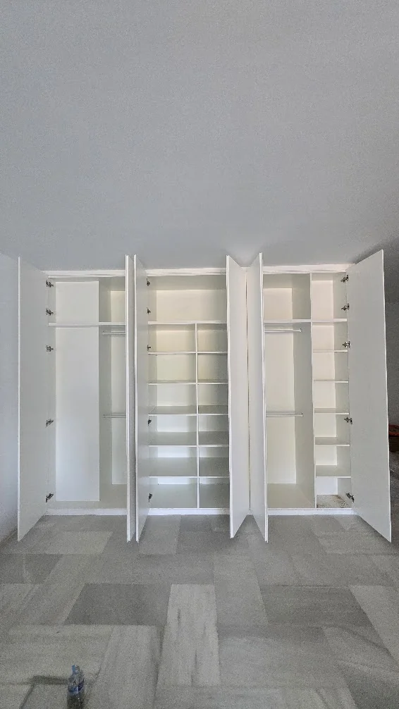 Interior del armario de salón con estantes, altillos y barras para colgar